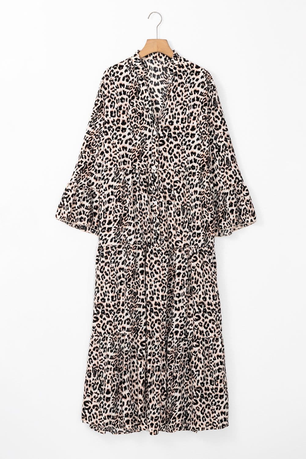 image-Leopard Print Tiered Maxi Dress - Wide Sleeves - Elegant & Stylish - Sizes S-XL