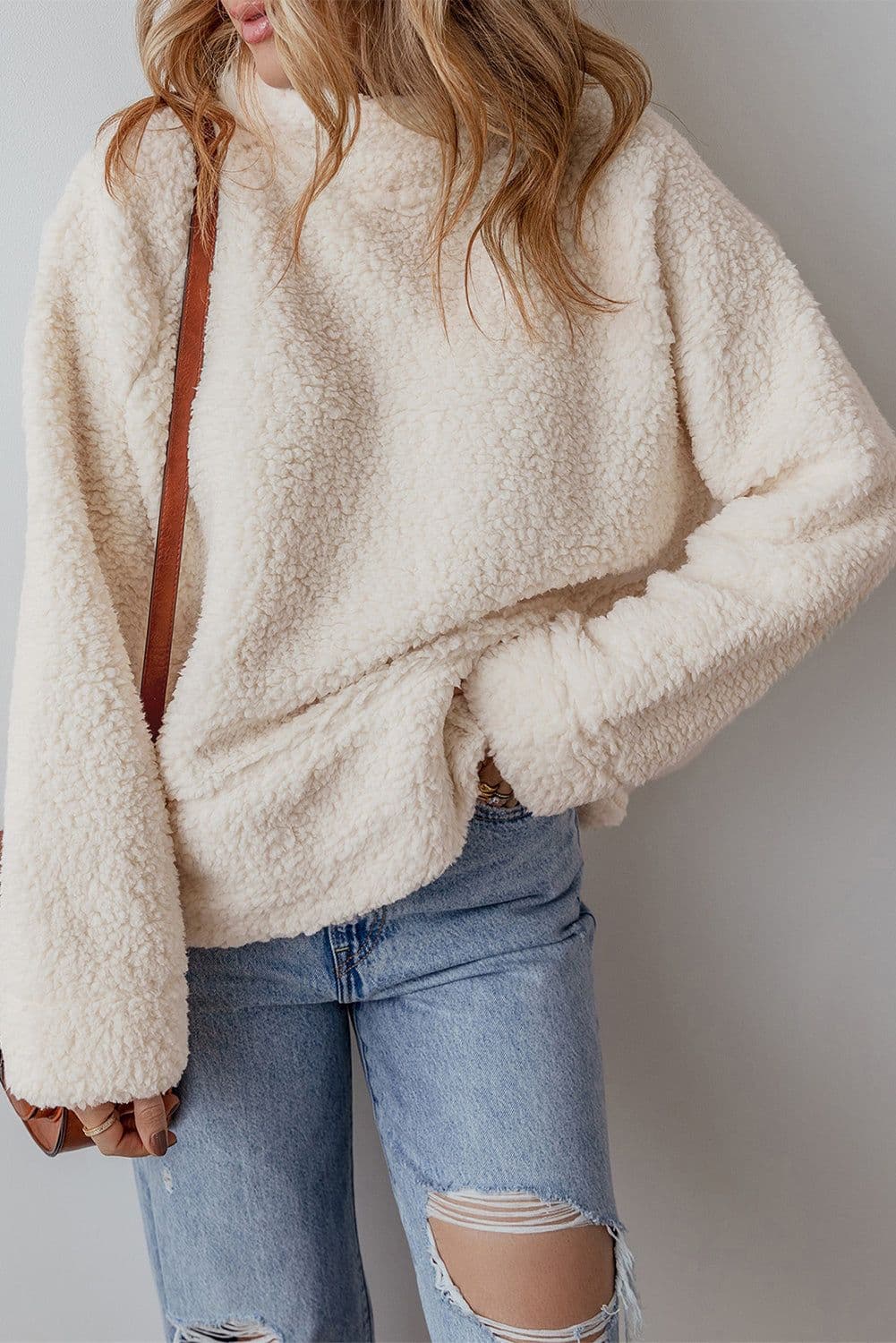 image-Fleece High Neck Drop Shoulder Pullover Sweatshirt - White