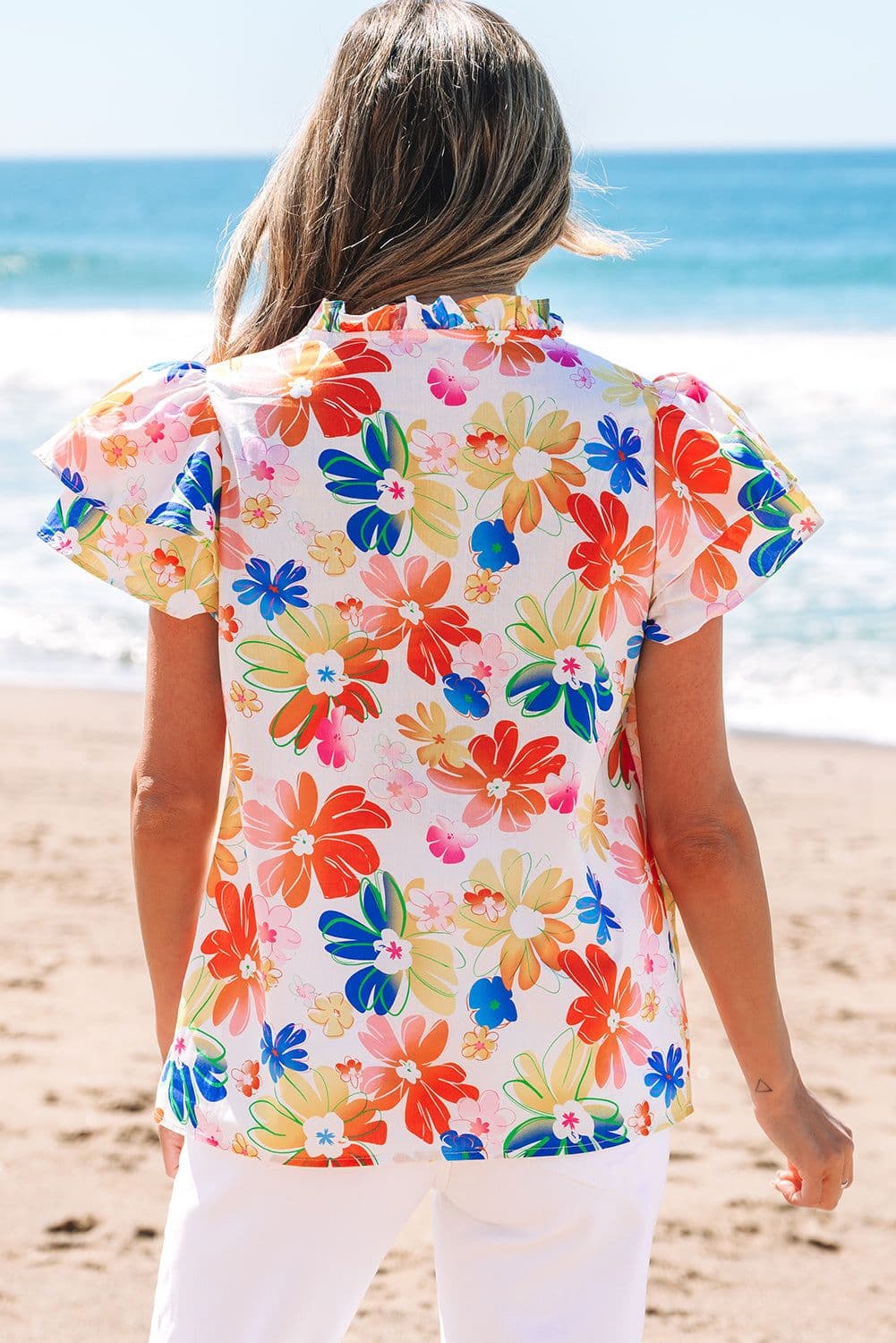 image-White Floral Bouquet Flutter Sleeve Top