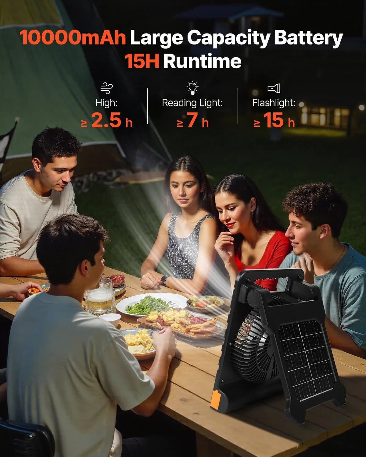 image-VEVOR 10000mAh Rechargeable Solar Fan with LED Lantern, 7 inch Portable Fan Cordless with 4W Foldable Solar Panel, 4-Speed& Timer& Quiet,USB Battery Powered for Camping Tent Worksite Office Desk