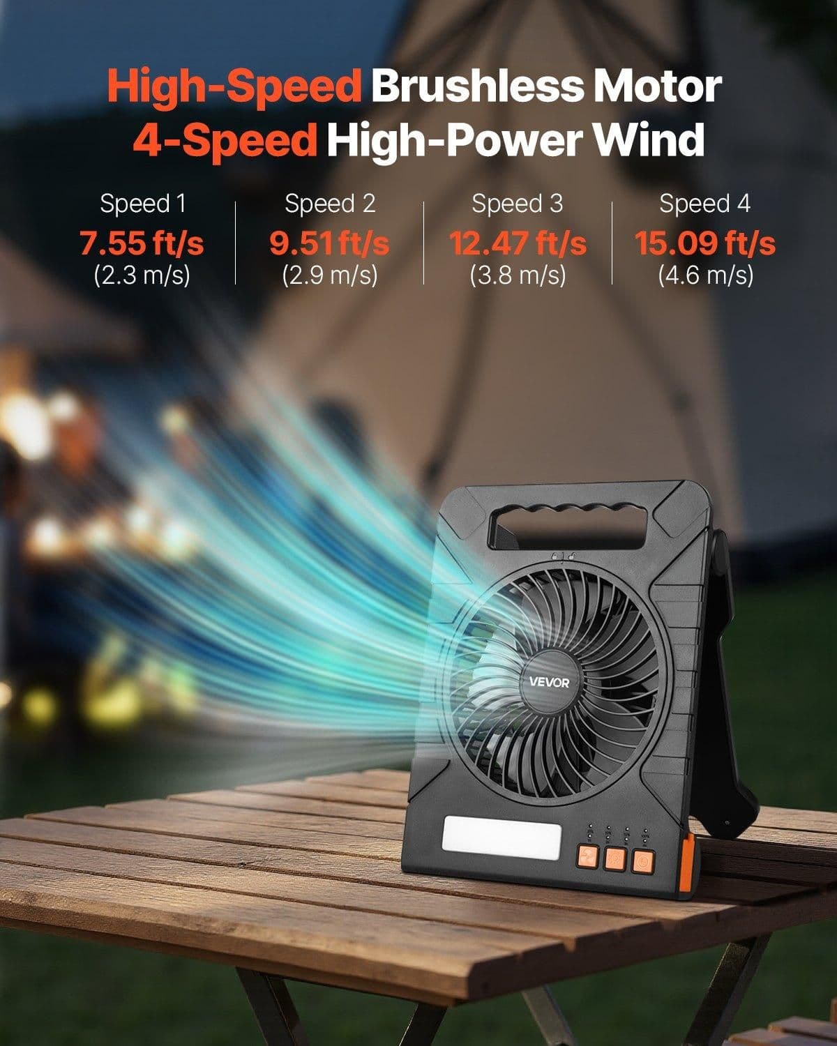 image-VEVOR 10000mAh Rechargeable Solar Fan with LED Lantern, 7 inch Portable Fan Cordless with 4W Foldable Solar Panel, 4-Speed& Timer& Quiet,USB Battery Powered for Camping Tent Worksite Office Desk