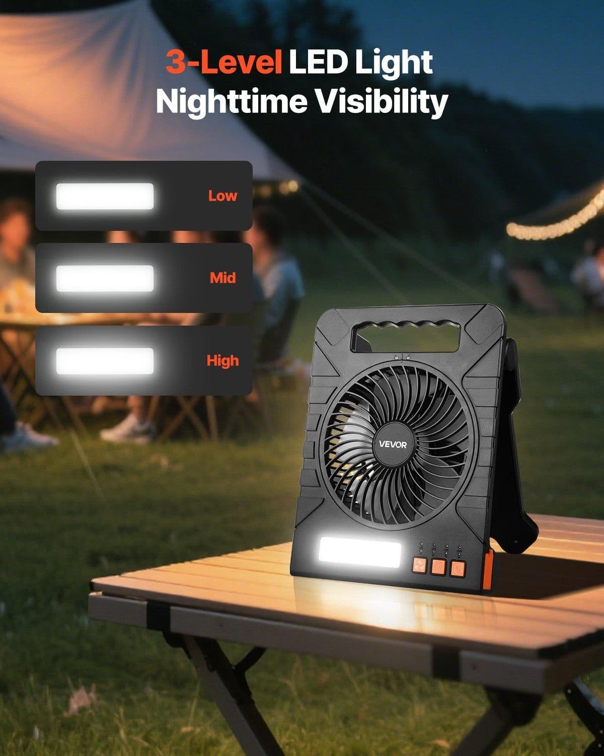 image-VEVOR 10000mAh Rechargeable Solar Fan with LED Lantern, 7 inch Portable Fan Cordless with 4W Foldable Solar Panel, 4-Speed& Timer& Quiet,USB Battery Powered for Camping Tent Worksite Office Desk
