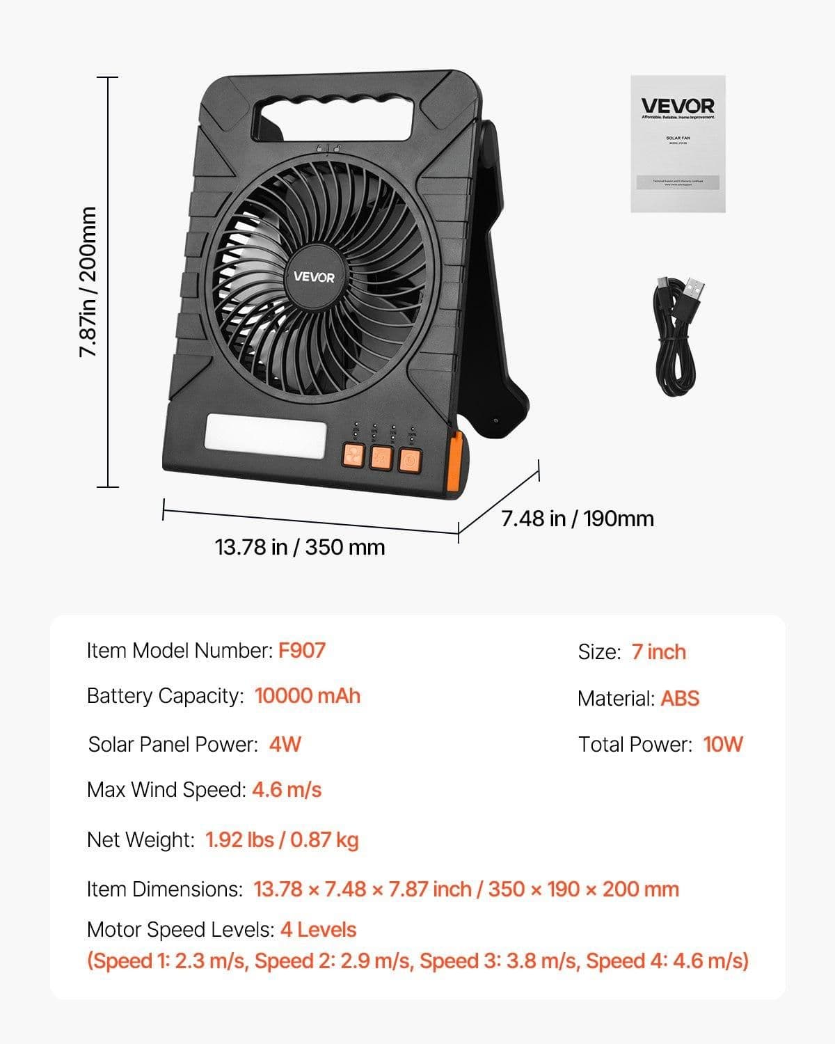 image-VEVOR 10000mAh Rechargeable Solar Fan with LED Lantern, 7 inch Portable Fan Cordless with 4W Foldable Solar Panel, 4-Speed& Timer& Quiet,USB Battery Powered for Camping Tent Worksite Office Desk