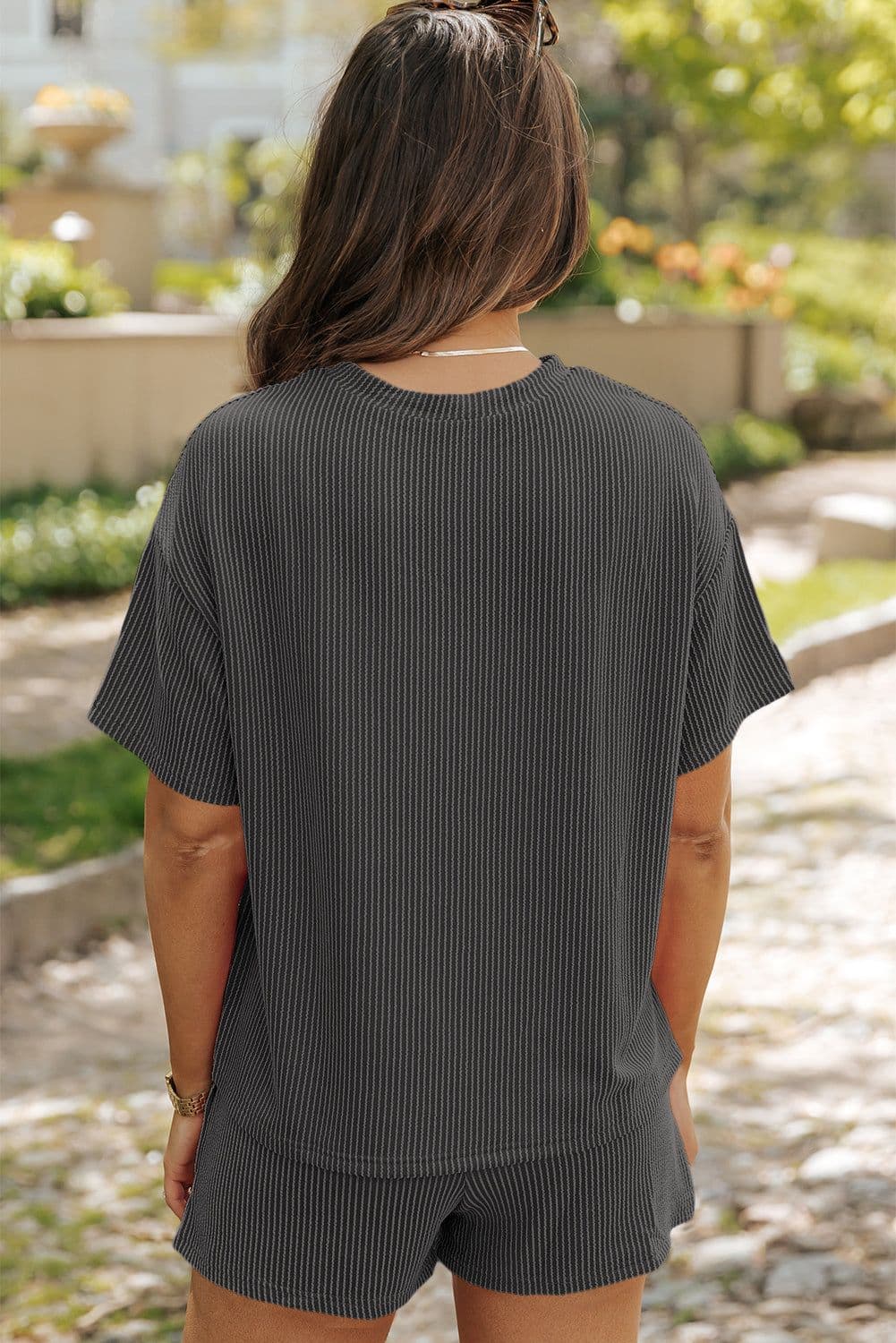 image-Phalaenopsis Ribbed Textured Knit Loose Fit Tee and Shorts Set