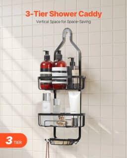 image-VEVOR Shower Caddy, 3-Tier Hanging Bathroom Shower Storage Organization Shelves Rack Set, with Soap Holder and Hooks for Towels, Sponge, 40 lbs Large Weight Capacity, Fits Shower Head, Matte Black