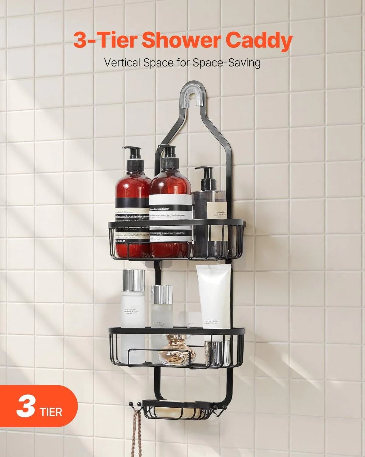 image-VEVOR Shower Caddy, 3-Tier Hanging Bathroom Shower Storage Organization Shelves Rack Set, with Soap Holder and Hooks for Towels, Sponge, 40 lbs Large Weight Capacity, Fits Shower Head, Matte Black