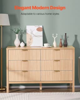 image-VEVOR 6 Fluted Drawer Dresser, Wooden Chest of Drawers with Sliding & Anti-tip Device, Modern Minimalist Dresser Chest, Closet Storage Organizer for Living Room, Hallway, Entryway, Light Wood