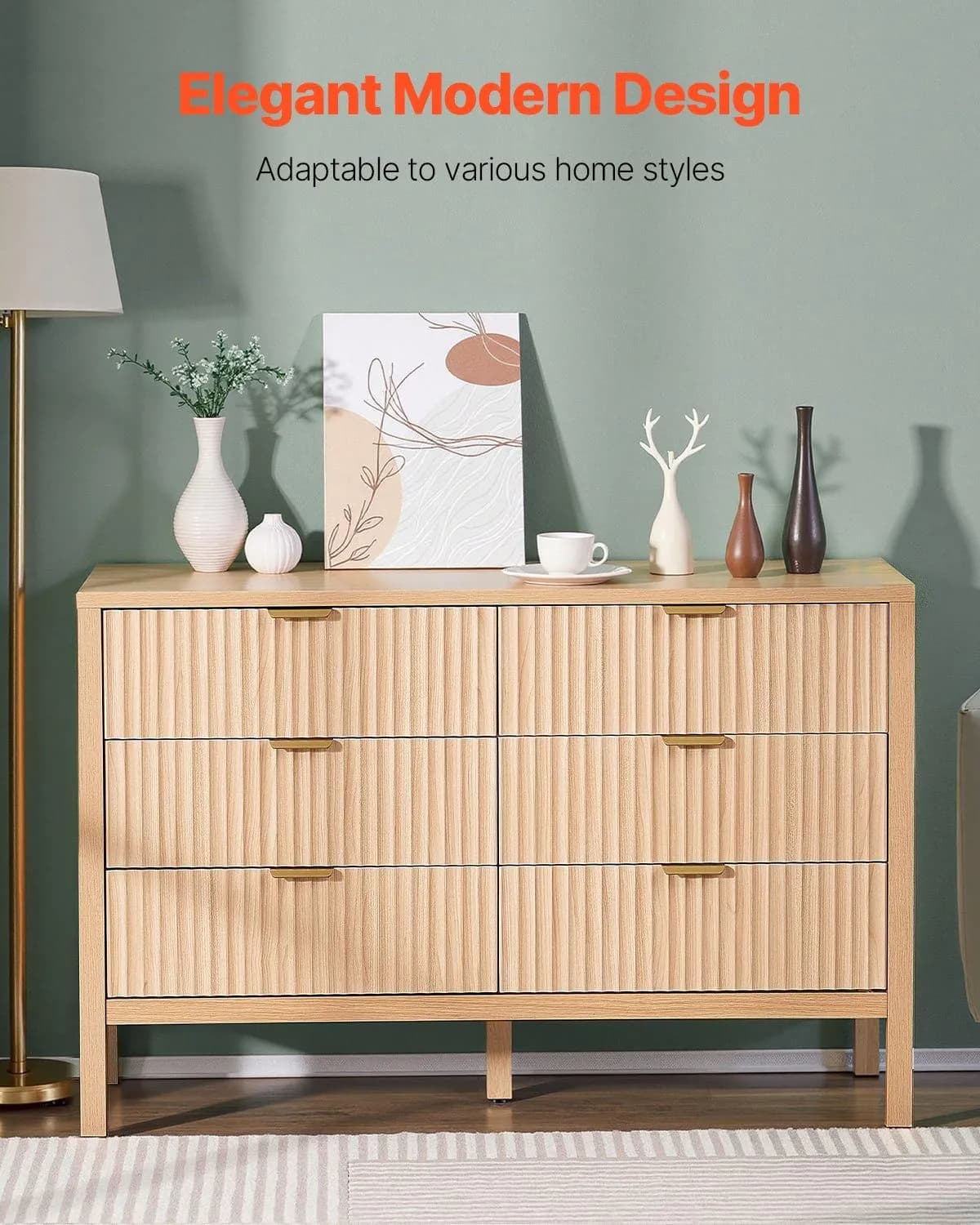 image-VEVOR 6 Fluted Drawer Dresser, Wooden Chest of Drawers with Sliding & Anti-tip Device, Modern Minimalist Dresser Chest, Closet Storage Organizer for Living Room, Hallway, Entryway, Light Wood