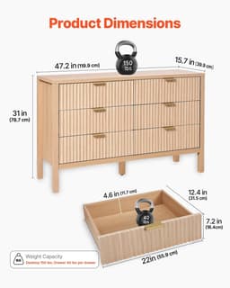 image-VEVOR 6 Fluted Drawer Dresser, Wooden Chest of Drawers with Sliding & Anti-tip Device, Modern Minimalist Dresser Chest, Closet Storage Organizer for Living Room, Hallway, Entryway, Light Wood