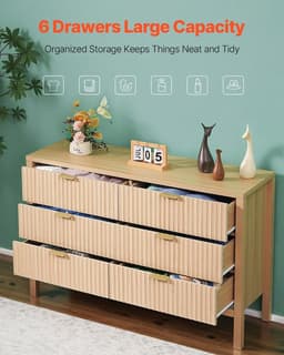 image-VEVOR 6 Fluted Drawer Dresser, Wooden Chest of Drawers with Sliding & Anti-tip Device, Modern Minimalist Dresser Chest, Closet Storage Organizer for Living Room, Hallway, Entryway, Light Wood
