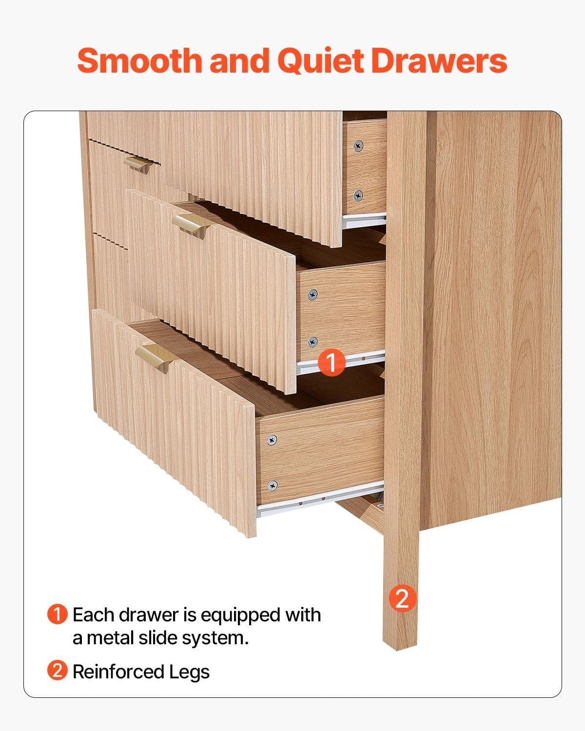 image-VEVOR 6 Fluted Drawer Dresser, Wooden Chest of Drawers with Sliding & Anti-tip Device, Modern Minimalist Dresser Chest, Closet Storage Organizer for Living Room, Hallway, Entryway, Light Wood