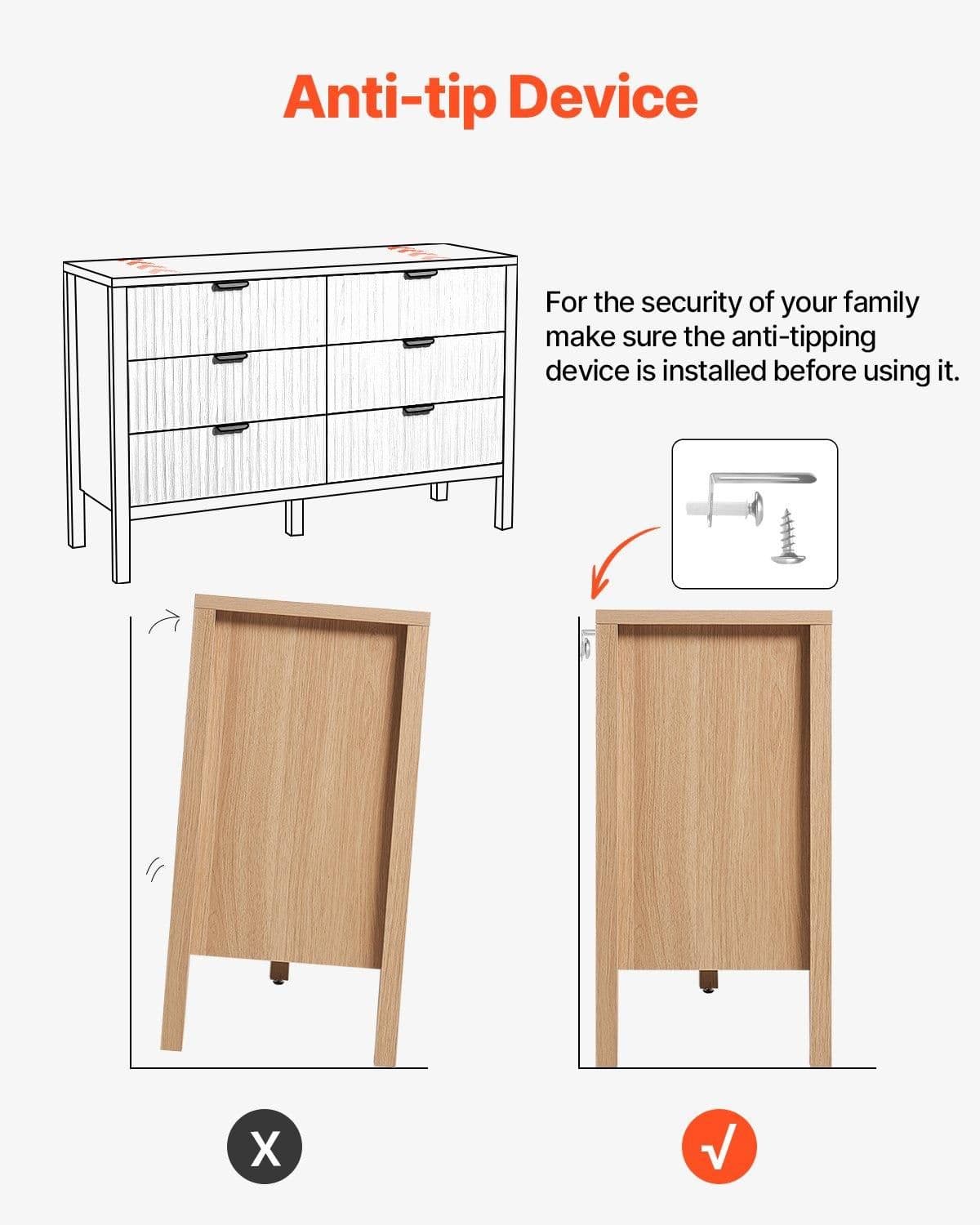 image-VEVOR 6 Fluted Drawer Dresser, Wooden Chest of Drawers with Sliding & Anti-tip Device, Modern Minimalist Dresser Chest, Closet Storage Organizer for Living Room, Hallway, Entryway, Light Wood