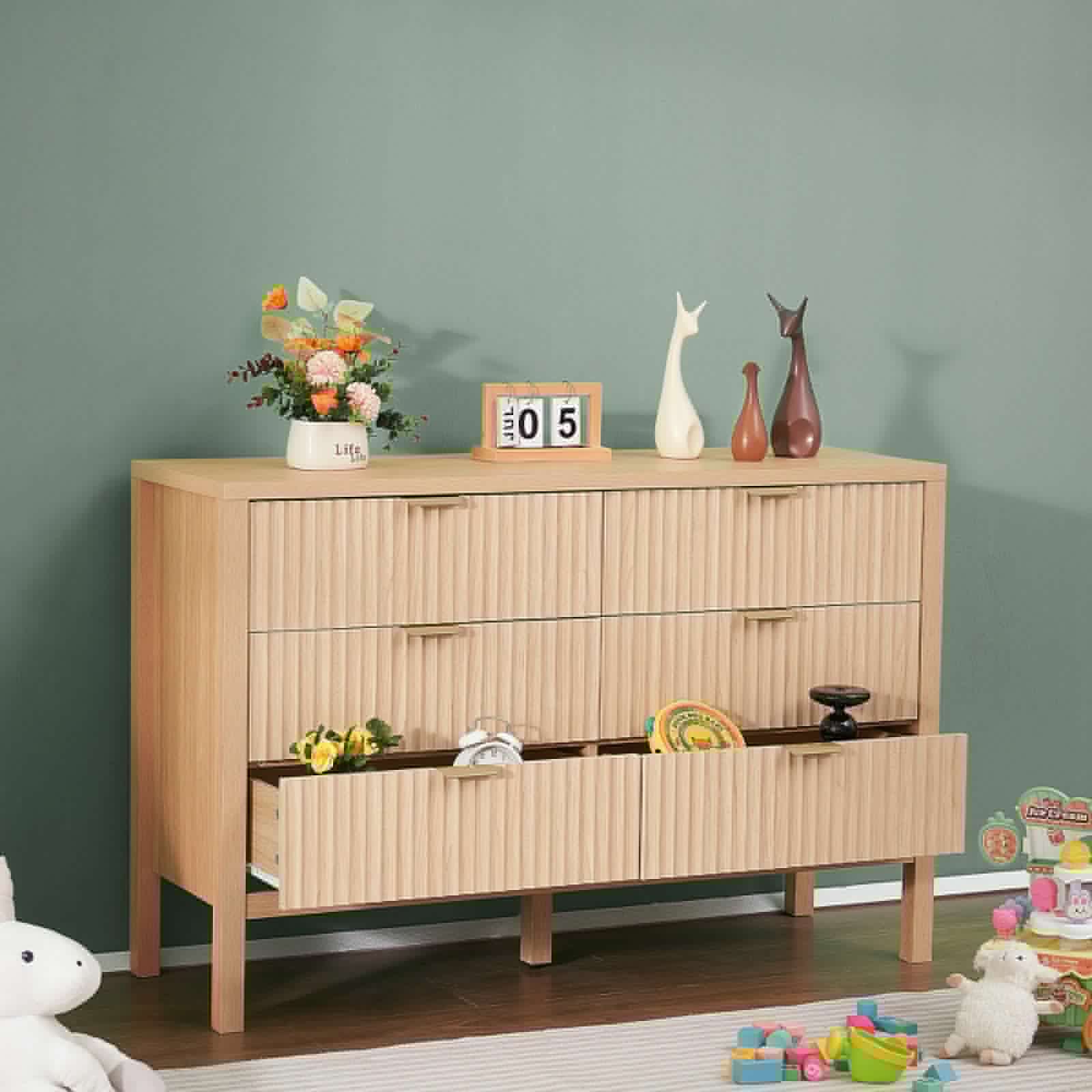 image-VEVOR 6 Fluted Drawer Dresser, Wooden Chest of Drawers with Sliding & Anti-tip Device, Modern Minimalist Dresser Chest, Closet Storage Organizer for Living Room, Hallway, Entryway, Light Wood
