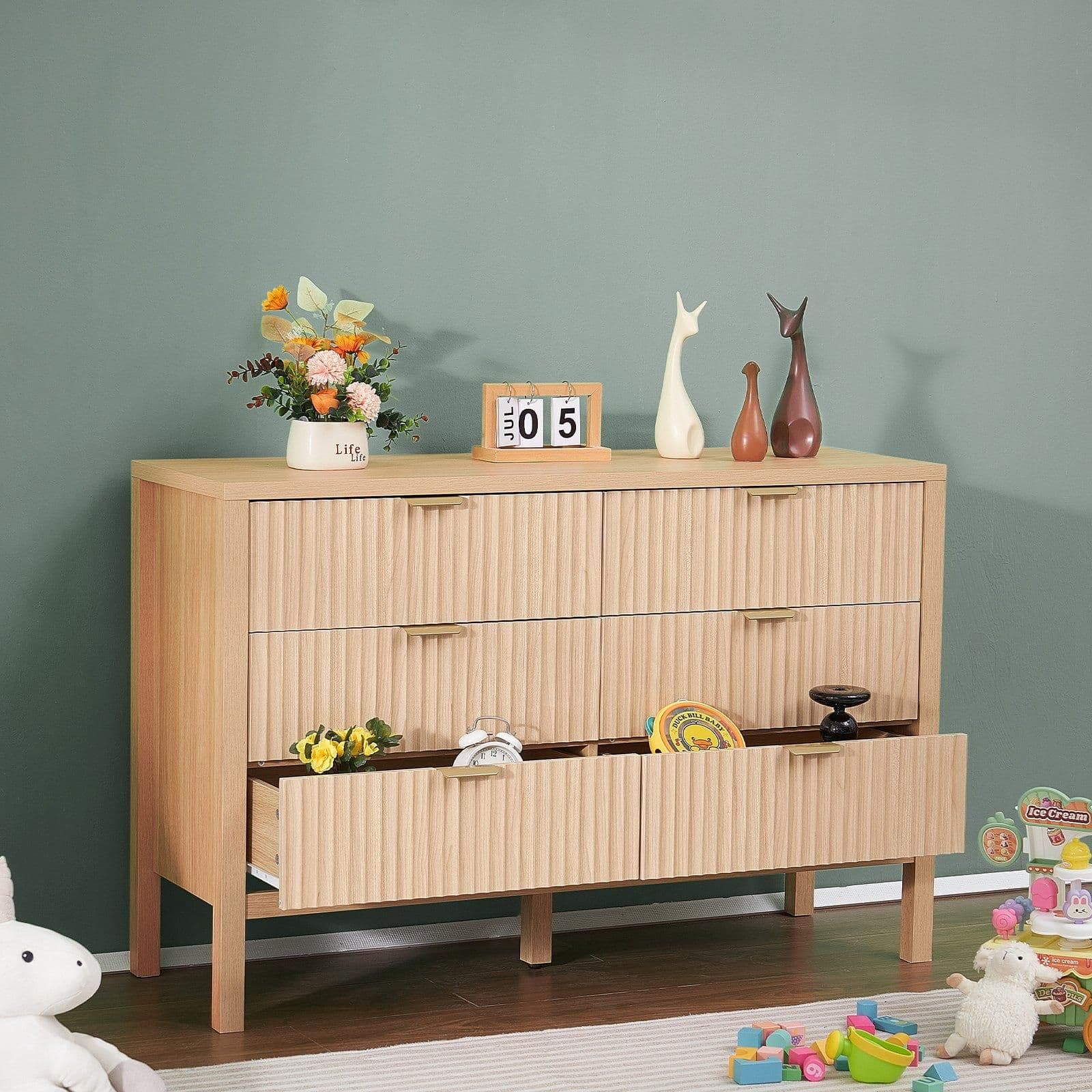 image-VEVOR 6 Fluted Drawer Dresser, Wooden Chest of Drawers with Sliding & Anti-tip Device, Modern Minimalist Dresser Chest, Closet Storage Organizer for Living Room, Hallway, Entryway, Light Wood