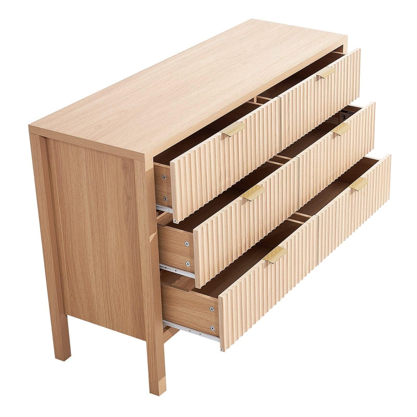image-VEVOR 6 Fluted Drawer Dresser, Wooden Chest of Drawers with Sliding & Anti-tip Device, Modern Minimalist Dresser Chest, Closet Storage Organizer for Living Room, Hallway, Entryway, Light Wood