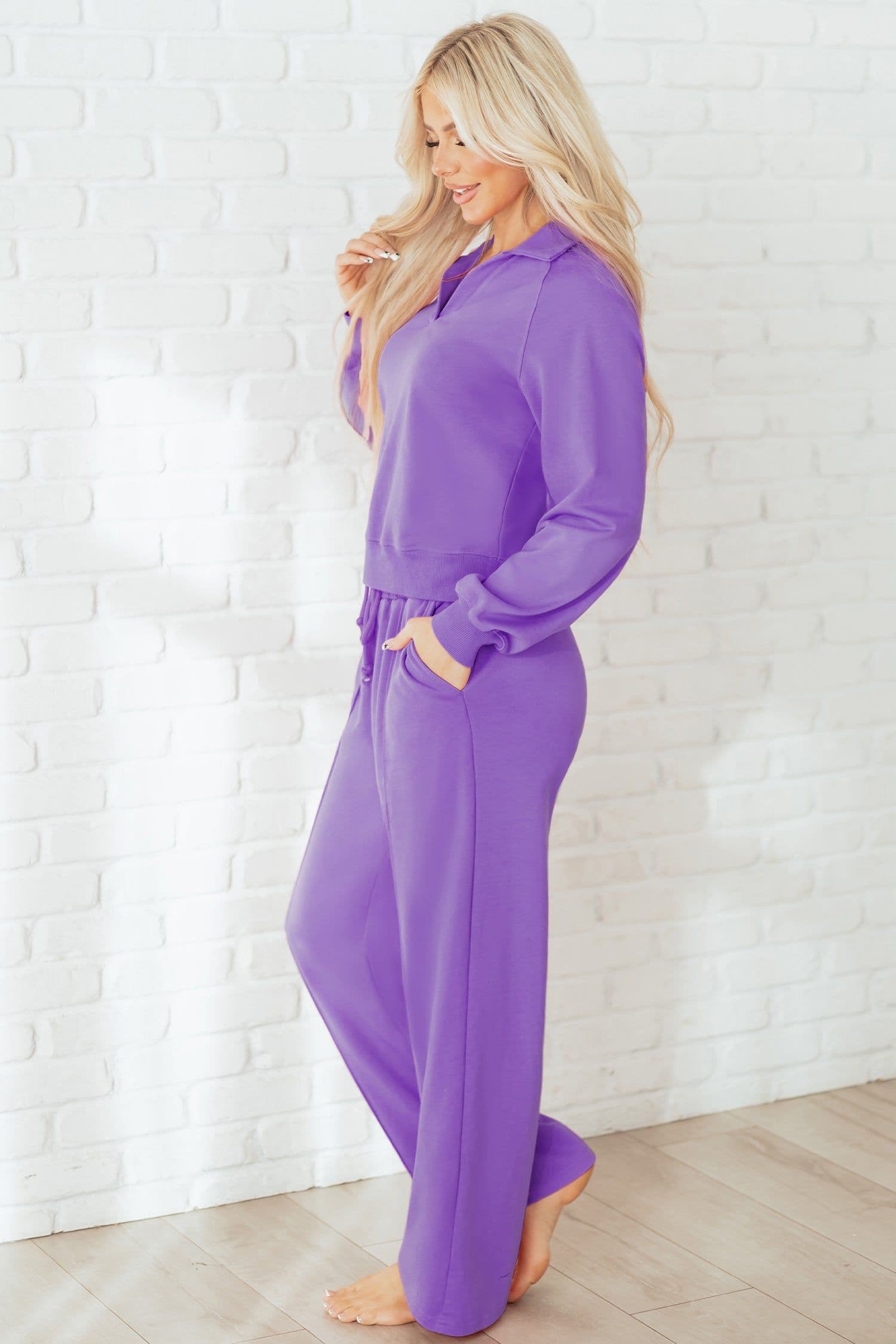 image-Wisteria Solid Color Collared Pullover and Central Seam Pants Set