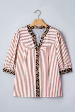 image-Pink Stripe Leopard Trim V Neck Button Down Shirt
