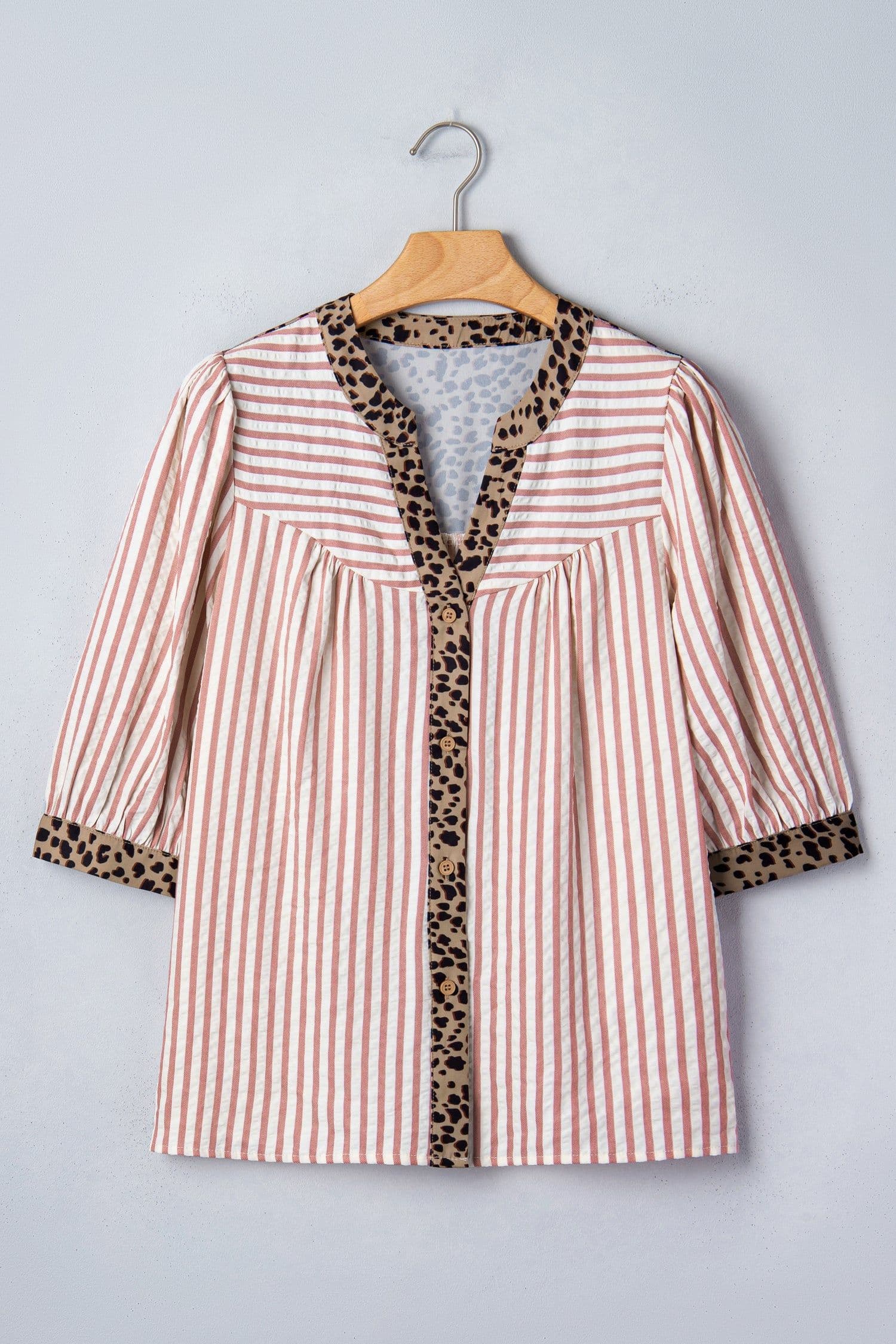 image-Pink Stripe Leopard Trim V Neck Button Down Shirt
