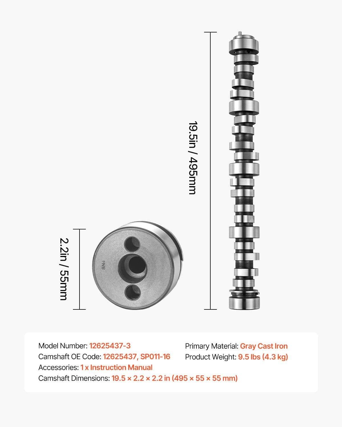 image-VEVOR Engine Camshaft, 12625437 SP011-16 Cam Replacement, Compatible with Norris trucks from 1999-2013 GM Gen3/4, LS Truck Engine 4.8L, 5.3L, 6.0L, and 6.2L