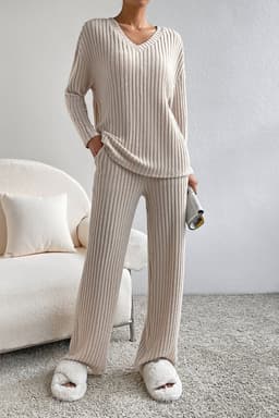 image-Ribbed Knit V Neck Slouchy Two-Piece Outfit - Khaki Modern Chic