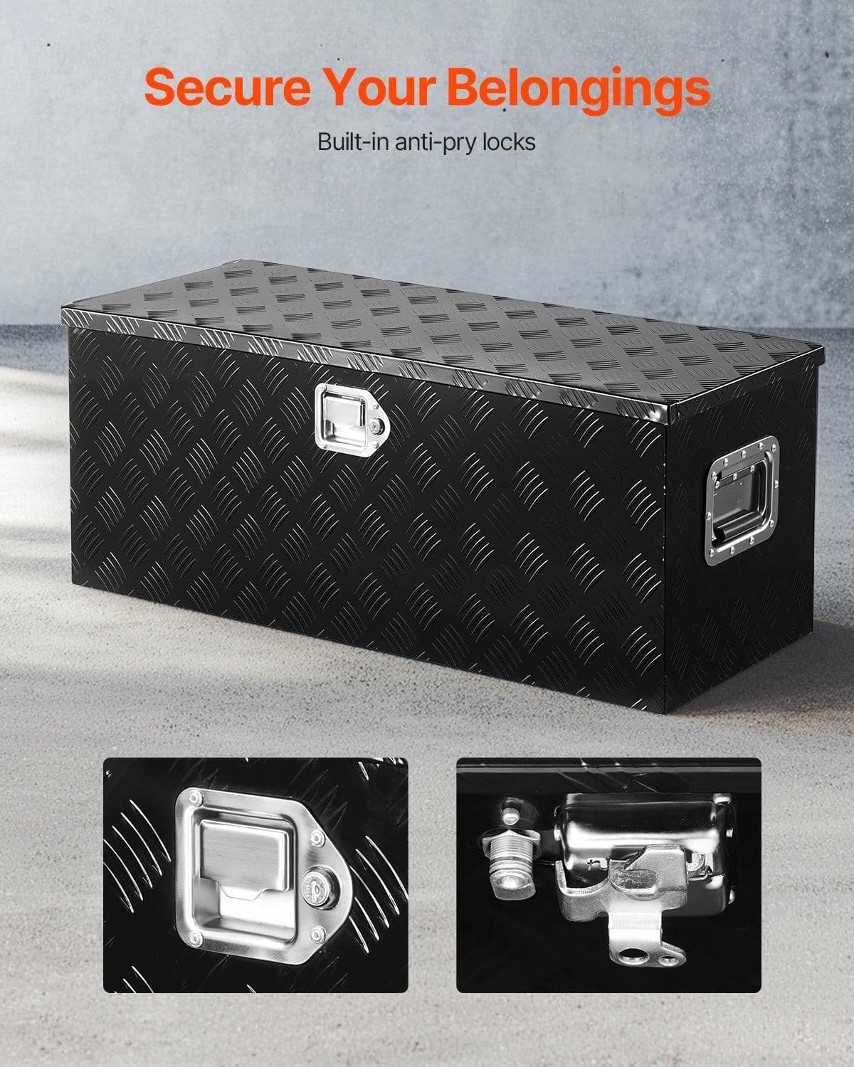 image-VEVOR Heavy Duty Aluminum Truck Bed Tool Box, Stripes Plated Tool Box with Sliding Shelf, Side Handle, Lock & Keys, Storage Toolbox Chest for Trailer, Pickup, Truck Bed, RV, 35.4"x14.6"x14.6", Black