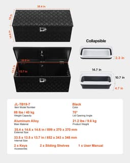 image-VEVOR Heavy Duty Aluminum Truck Bed Tool Box, Stripes Plated Tool Box with Sliding Shelf, Side Handle, Lock & Keys, Storage Toolbox Chest for Trailer, Pickup, Truck Bed, RV, 35.4"x14.6"x14.6", Black