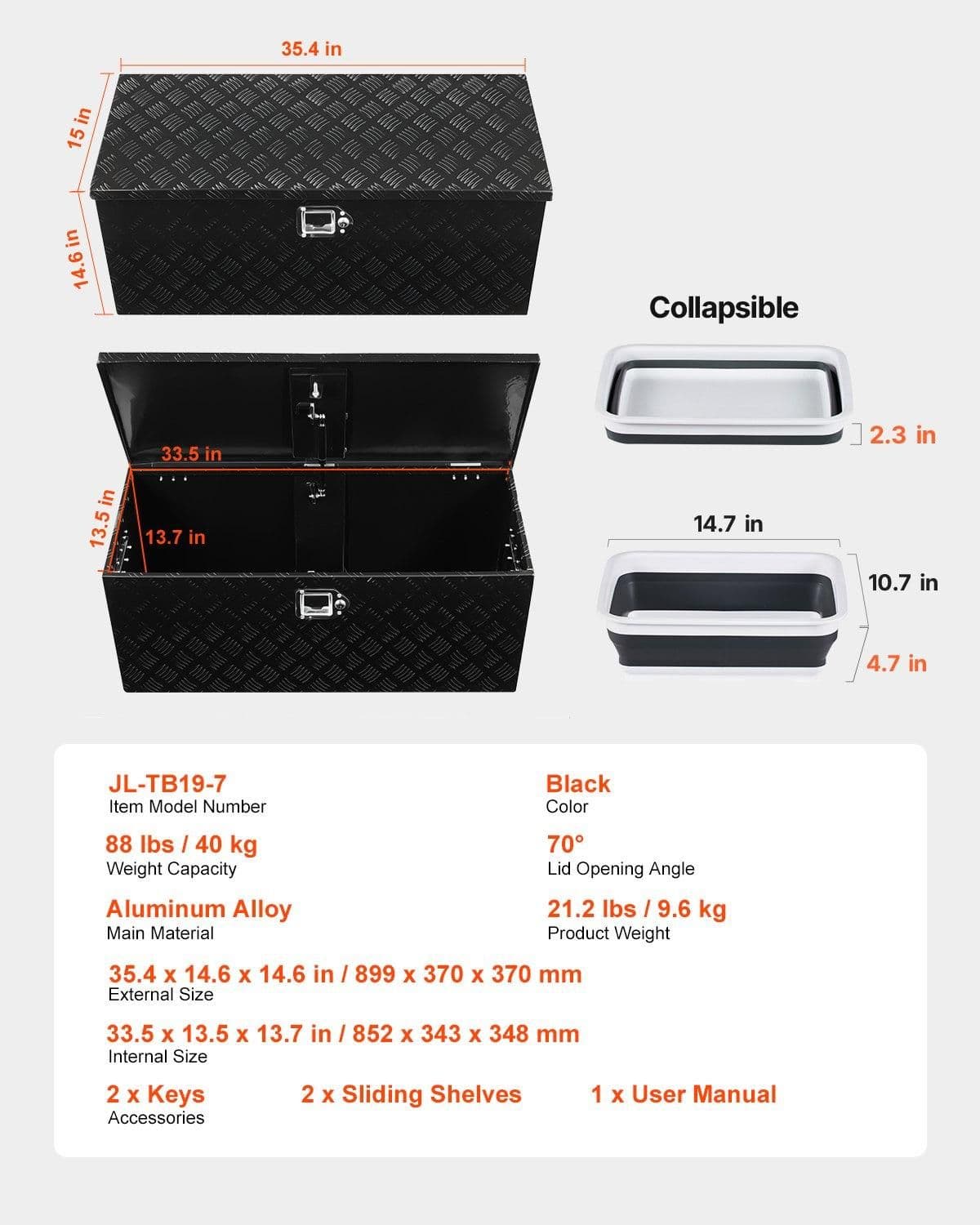 image-VEVOR Heavy Duty Aluminum Truck Bed Tool Box, Stripes Plated Tool Box with Sliding Shelf, Side Handle, Lock & Keys, Storage Toolbox Chest for Trailer, Pickup, Truck Bed, RV, 35.4"x14.6"x14.6", Black