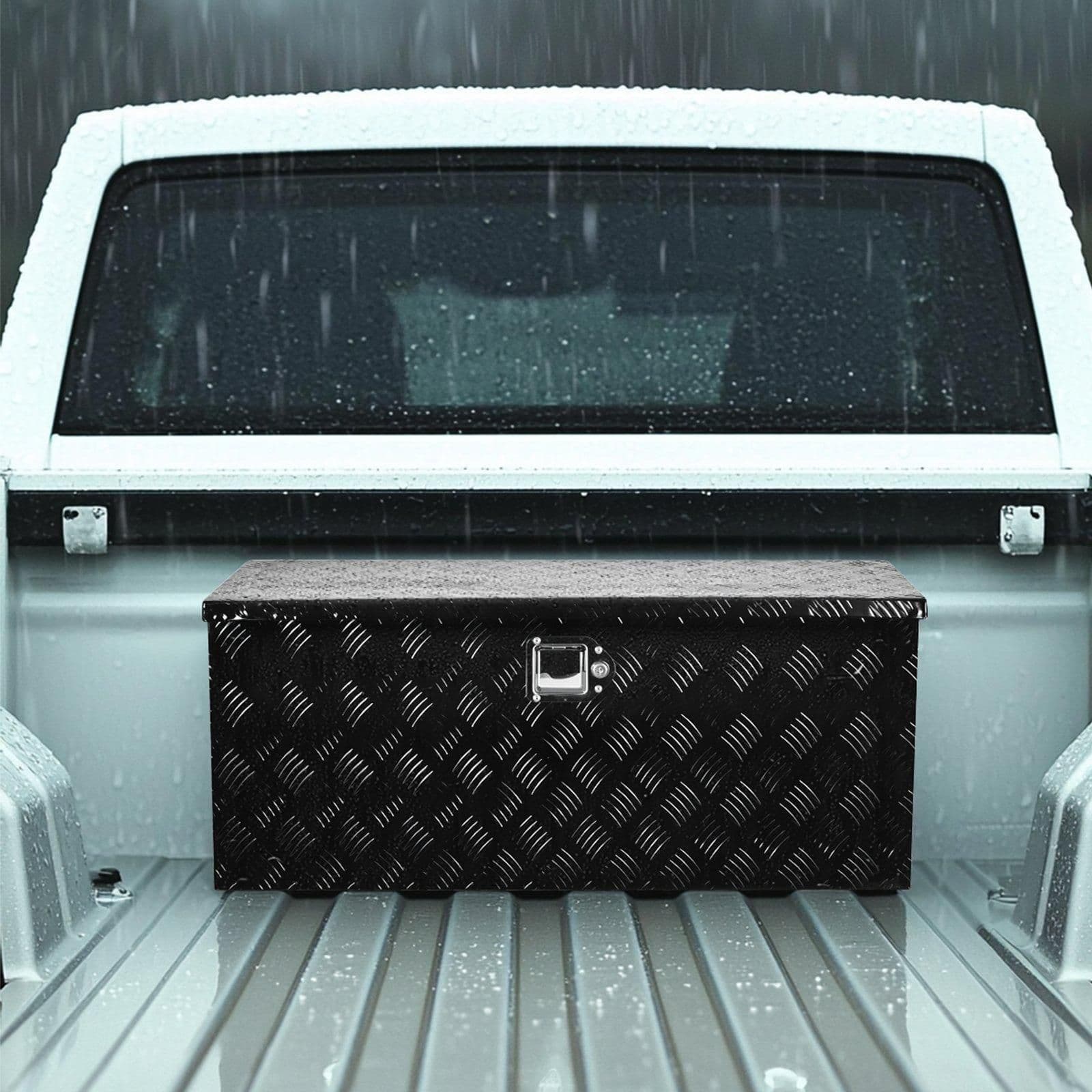 image-VEVOR Heavy Duty Aluminum Truck Bed Tool Box, Stripes Plated Tool Box with Sliding Shelf, Side Handle, Lock & Keys, Storage Toolbox Chest for Trailer, Pickup, Truck Bed, RV, 35.4"x14.6"x14.6", Black