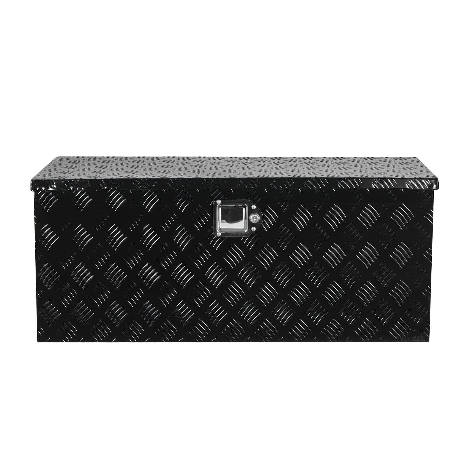 image-VEVOR Heavy Duty Aluminum Truck Bed Tool Box, Stripes Plated Tool Box with Sliding Shelf, Side Handle, Lock & Keys, Storage Toolbox Chest for Trailer, Pickup, Truck Bed, RV, 35.4"x14.6"x14.6", Black