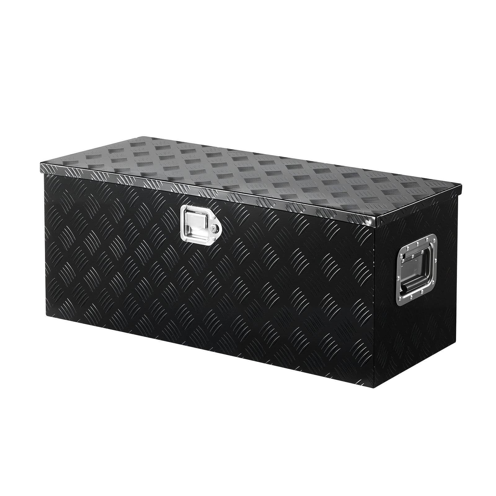 image-VEVOR Heavy Duty Aluminum Truck Bed Tool Box, Stripes Plated Tool Box with Sliding Shelf, Side Handle, Lock & Keys, Storage Toolbox Chest for Trailer, Pickup, Truck Bed, RV, 35.4"x14.6"x14.6", Black