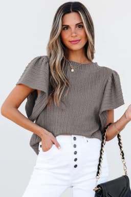 image-Solid Color Textured Flutter Sleeve Top, Size Chart Included