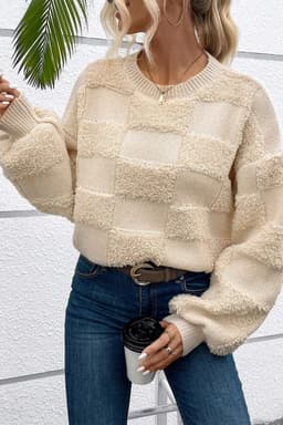 image-Checkered Sherpa Crew Neck Sweater - Parchment Loose Fit