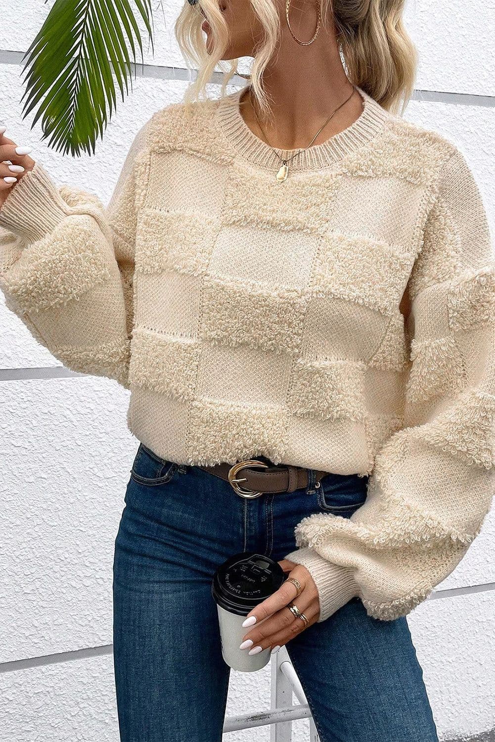 image-Checkered Sherpa Crew Neck Sweater - Parchment Loose Fit