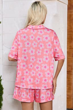 image-Green Flower Print Short Sleeve Pajamas Set