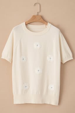 image-Beige Flower Pattern Short Sleeve Knitted Top