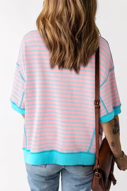 image-Pink Stripe Oversized T-Shirt Contrast Trim