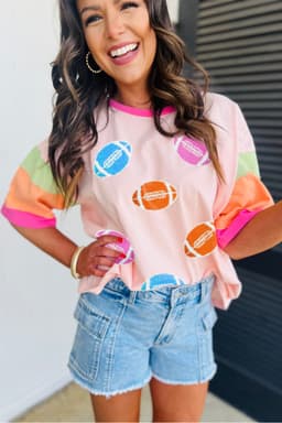 image-Rugby Chenille Embroidered Color Block T-Shirt - Pink