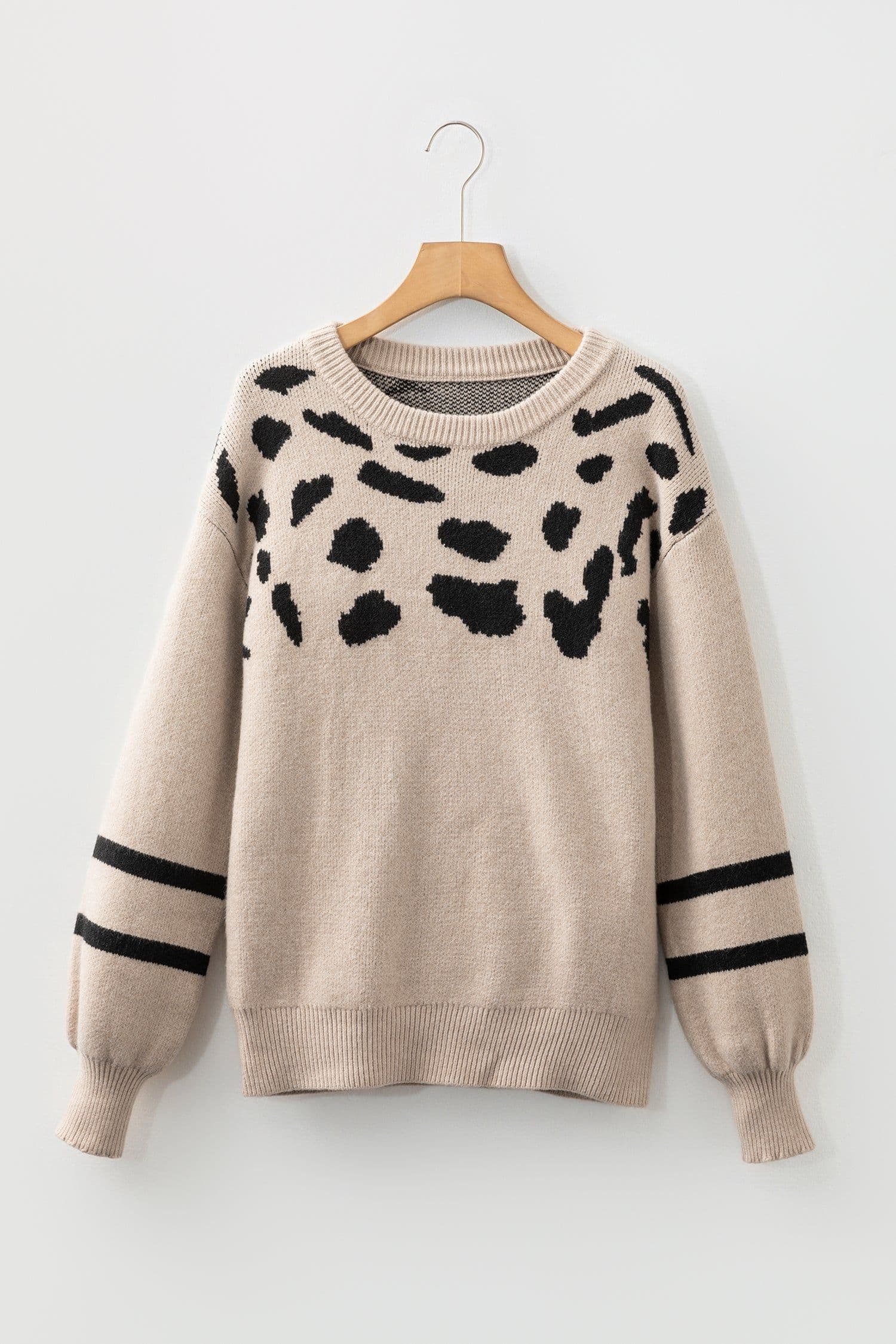 image-Khaki Leopard Striped Drop Shoulder Sweater