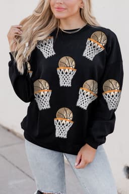 image-Game Day Crew Neck Basketball Patch Graphic Sweatshirt - Black (60 characters)