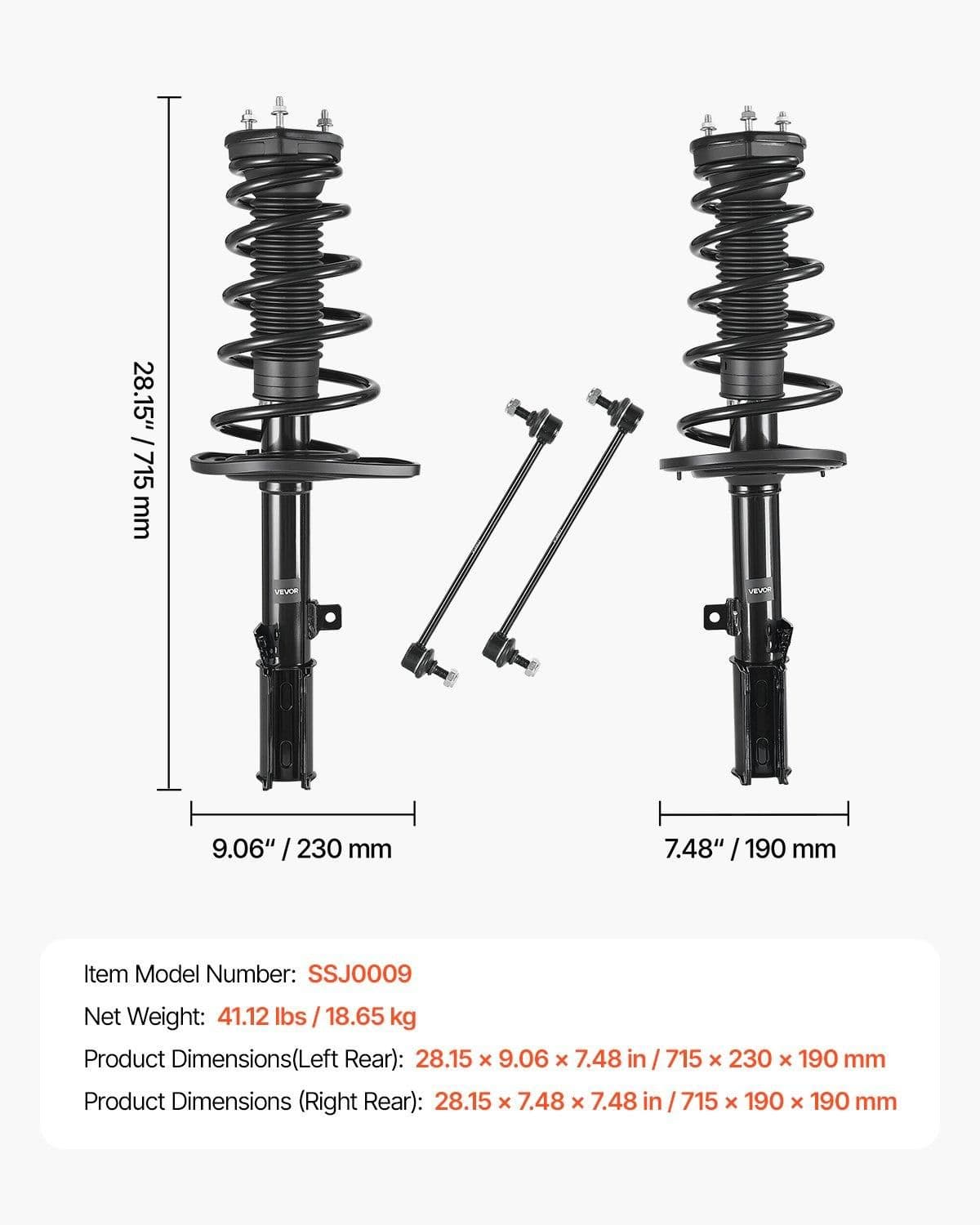 image-VEVOR Rear Shock Absorber Strut Assembly, 2Pcs Shock and Strut Assembly with Stabilizer Bar & Coil Spring, Compatible with 2007-2011 Toyota Camry and 2008-2012 Toyota Avalon Models, OE 172401