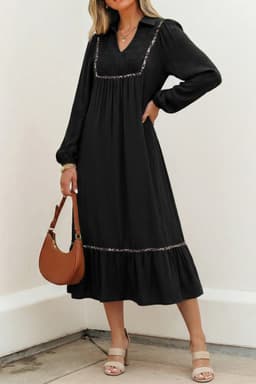 image-Black V Neck Smocked Dress - Leopard Trim