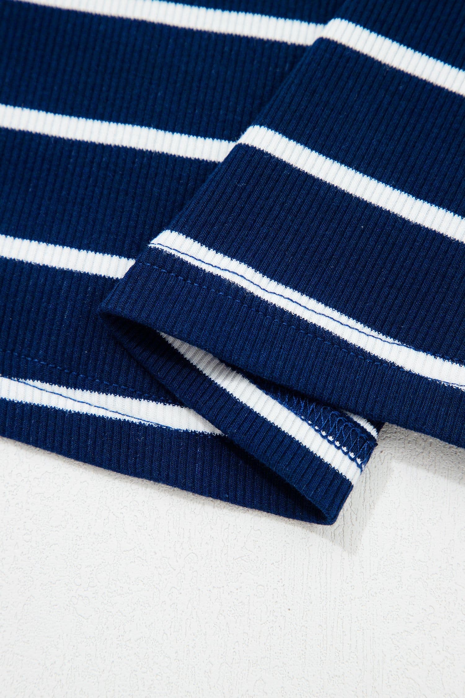 image-Blue Stripe Stand Collar V Neck Elastic Cuffs Half Sleeve Dolman Top
