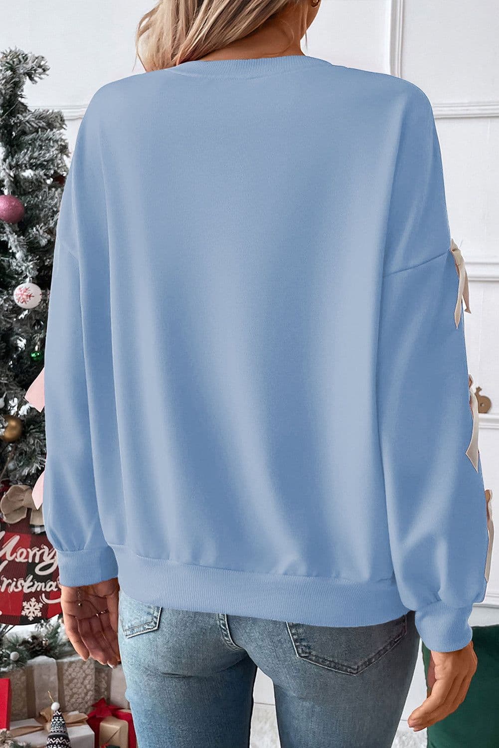 image-Fiery Red Contrast Bow Crewneck Sweatshirt - Dropped Sleeve, XL Size