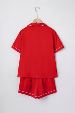 image-Fiery Red Contrast Trim Ribbon Bow Short Silky 2pcs Pajama Set