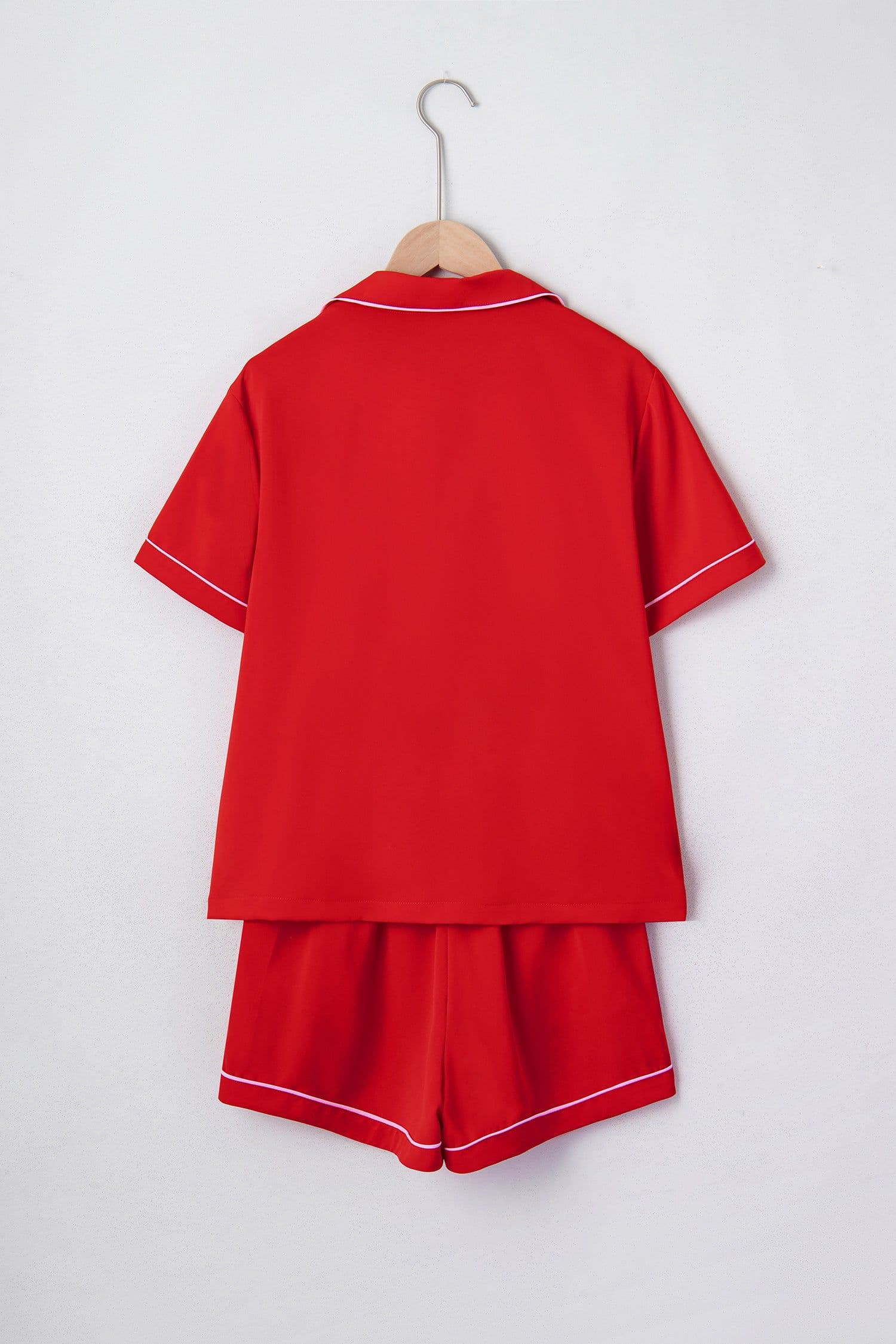 image-Fiery Red Contrast Trim Ribbon Bow Short Silky 2pcs Pajama Set