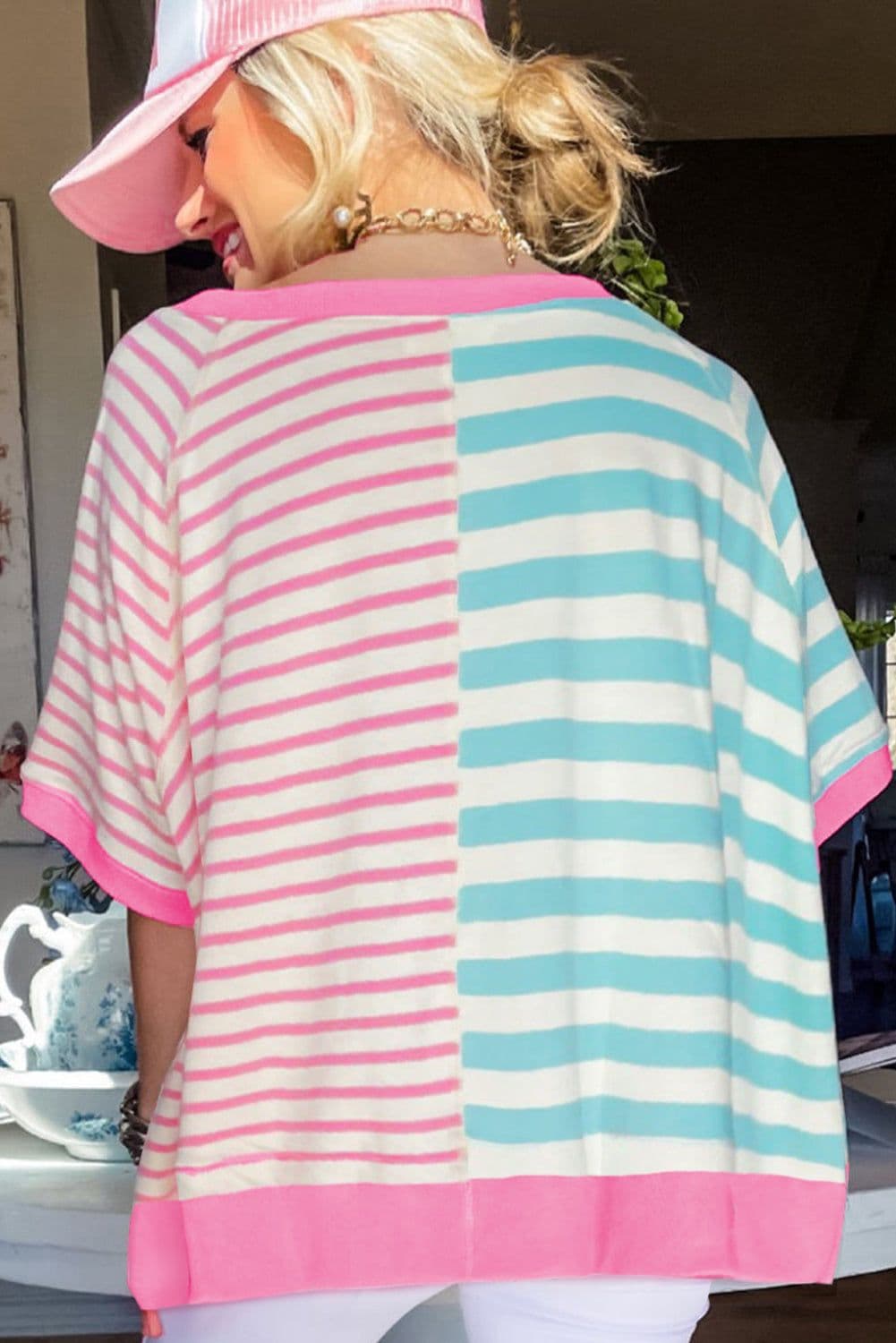 image-Pink Stripe Contrast Patchwork Oversized T-Shirt