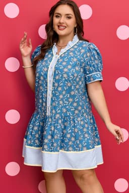 image-Blue Plus Size Floral Print Striped Patchwork Detail Button Front Ruffle Hem Dress