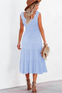 image-Rose Shirred Pleated Square Neck Sleeveless Midi Dress