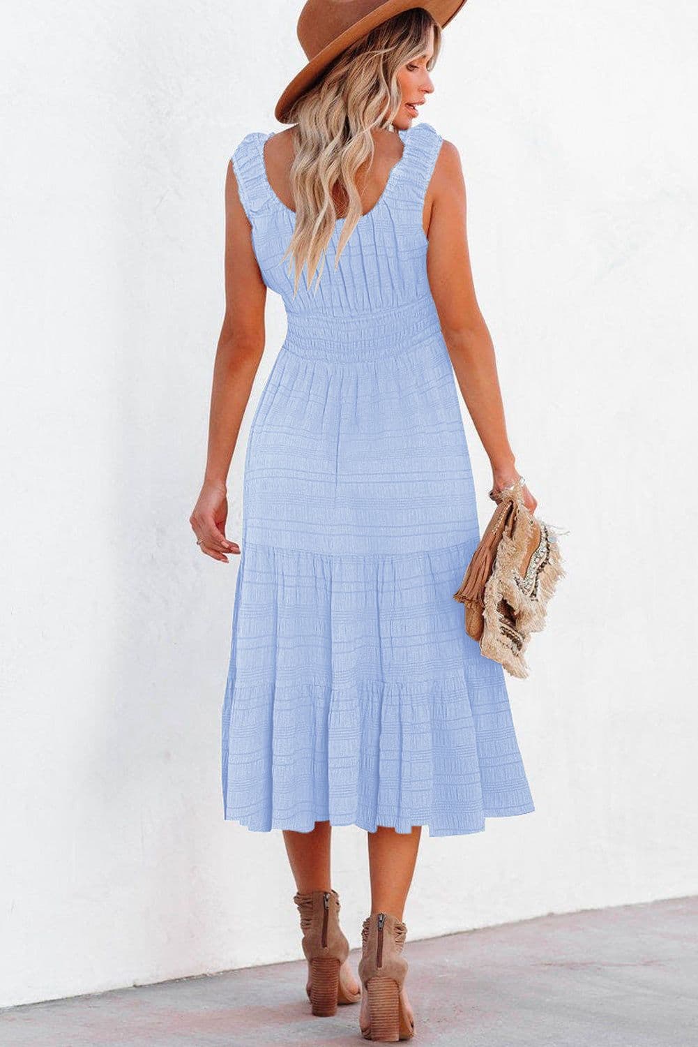 image-Rose Shirred Pleated Square Neck Sleeveless Midi Dress