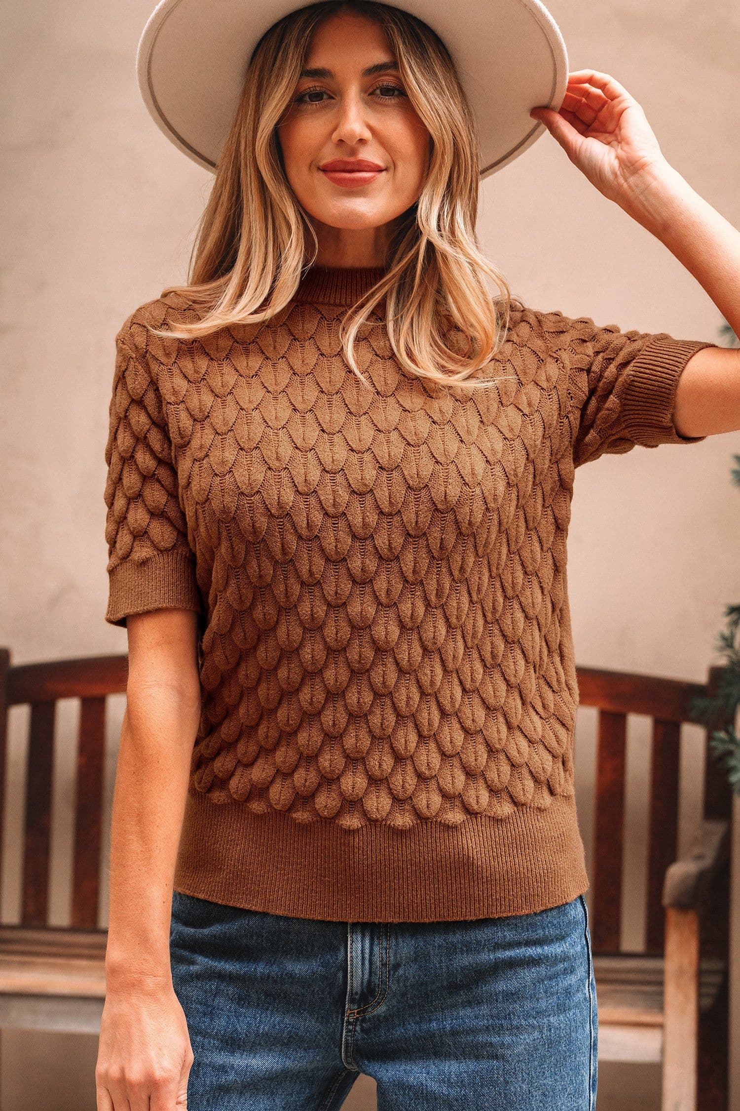 image-White Fish Scale Textured Knit Sweater High Neck